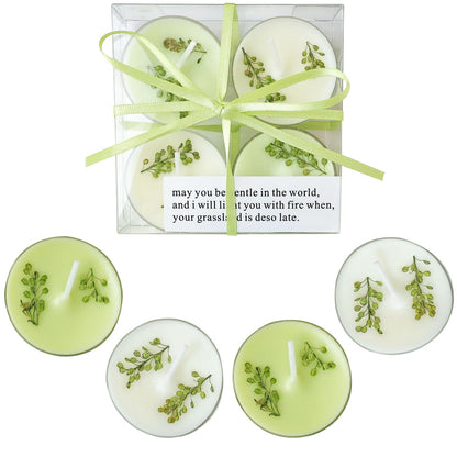 English Pear & Freesia Scented Tea Lights, 4-Pack White & Green Beeswax Soy Wax Tealight Candles with Dried Flower Decoration, Long-Lasting, Ideal for Relaxation, Spa, and Gifts