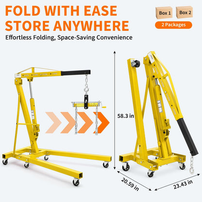 2 Ton Folding Hydraulic Engine Hoist with Load Leveler 4400 LBS Capacity Heavy Duty Cherry Picker 6 Swivel Wheels&Hydraulic Pump Adjustable Boom (0.5T-2T) for Garage Workshop Warehouse Yellow
