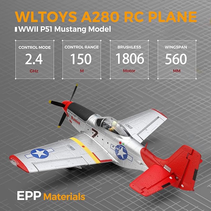 CKYSCHN WLtoys XK A280 RC Airplane P51 Mustang 4 Channel RC Plane with Lights 6G/3D Brushless RC Planes 2.4G Remote Control Airplane Hobby RC Planes Gifts for Adults
