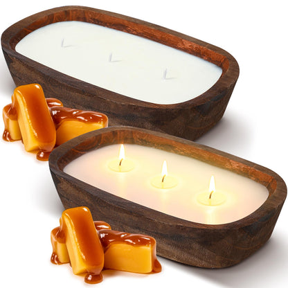 Threlaco 2 Pack Wood Dough Bowl Candle Jar Candle Decorative with Wick Scented Candles Soy Gifts for Men Women Farmhouse Table Centerpiece Home(Caramel)