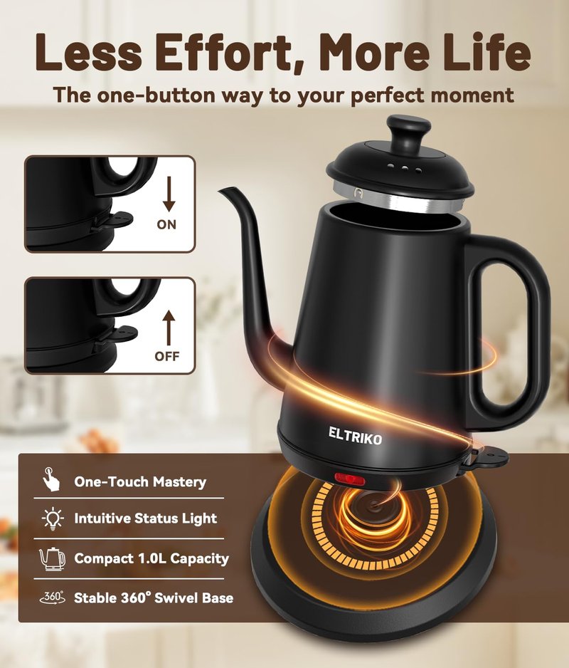 ELTRIKO Gooseneck Electric Kettle, 1L Water Boiler, Pour Over Coffee & Tea, 1000W Fast Heating, Stainless Steel, Auto Shut-Off & Boil-Dry Protection, BPA-Free (Black)