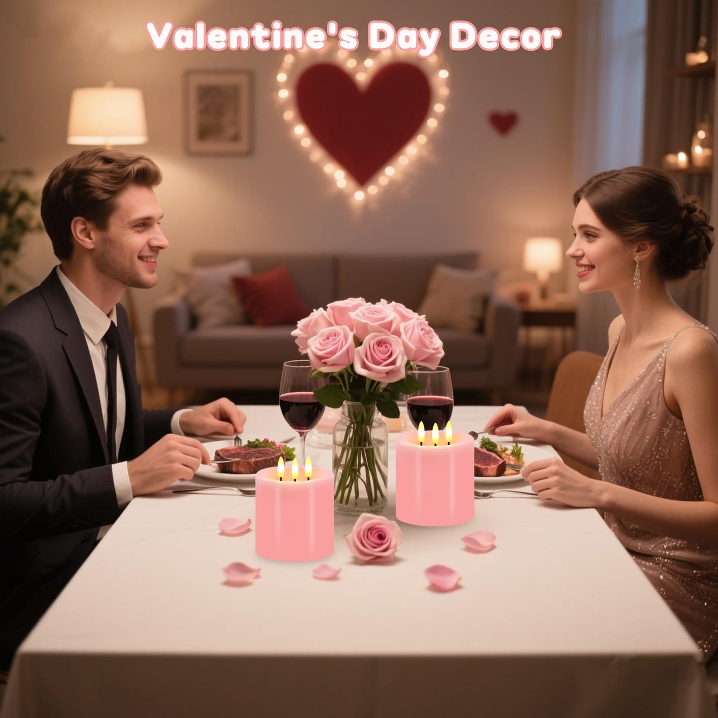 Large 3 Wick Flameless Candles Set of 2, 4"x4" Flickering Flameless Candles with Remote & Timer, Dimmable Real Wax LED Candles Battery Operated, Pink Pillar Candles for Wedding Valentine's Day Decor