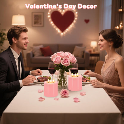 Large 3 Wick Flameless Candles Set of 2, 4"x4" Flickering Flameless Candles with Remote & Timer, Dimmable Real Wax LED Candles Battery Operated, Pink Pillar Candles for Wedding Valentine's Day Decor