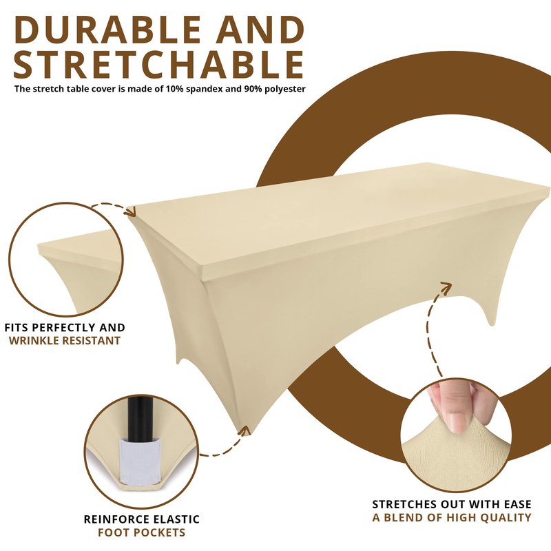Utopia Kitchen Spandex Tablecloth 10 Pack [6FT, Champagne] Tight, Fitted, Washable and Wrinkle Resistant Stretch Table Cloth Rectangle Cover for Trade Show, Weddings & Parties [72Lx30Wx30H Inch]