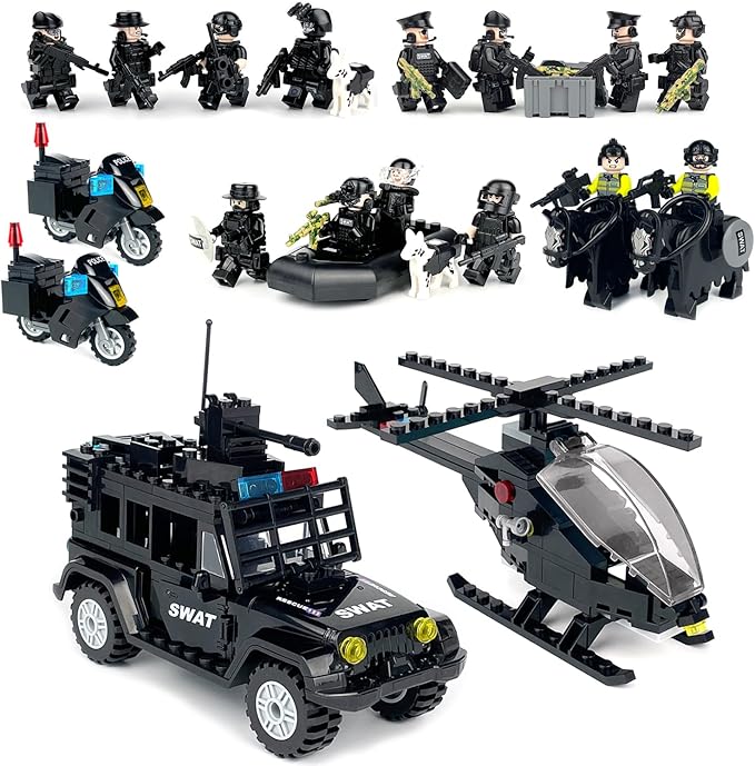 SWAT Set with 12 SWAT Officers 2 Mounted Police with Horse – 1 Helicopter 1 Armored SWAT SUV Vehicleand 2 MotorcycleSafe &amp Durable ABS – Great Gift for Kids Boys and Collectors