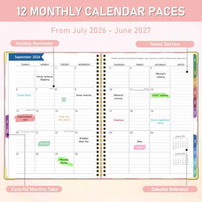 Teacher Planner 2026-2027, Jul 2026-Jun 2027 Academic Year, 8.5" x 11" Lesson Planner Book for Teacher Calendar, Spiral Bound Planners, Planning Stickers, Colorful Monthly Tabs, PinkCheckered