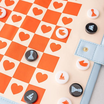 ban.do Cute Travel Games 3 in 1 Board Games for Adults Checkers Backgammon Leatherette Activity Roll Checkered
