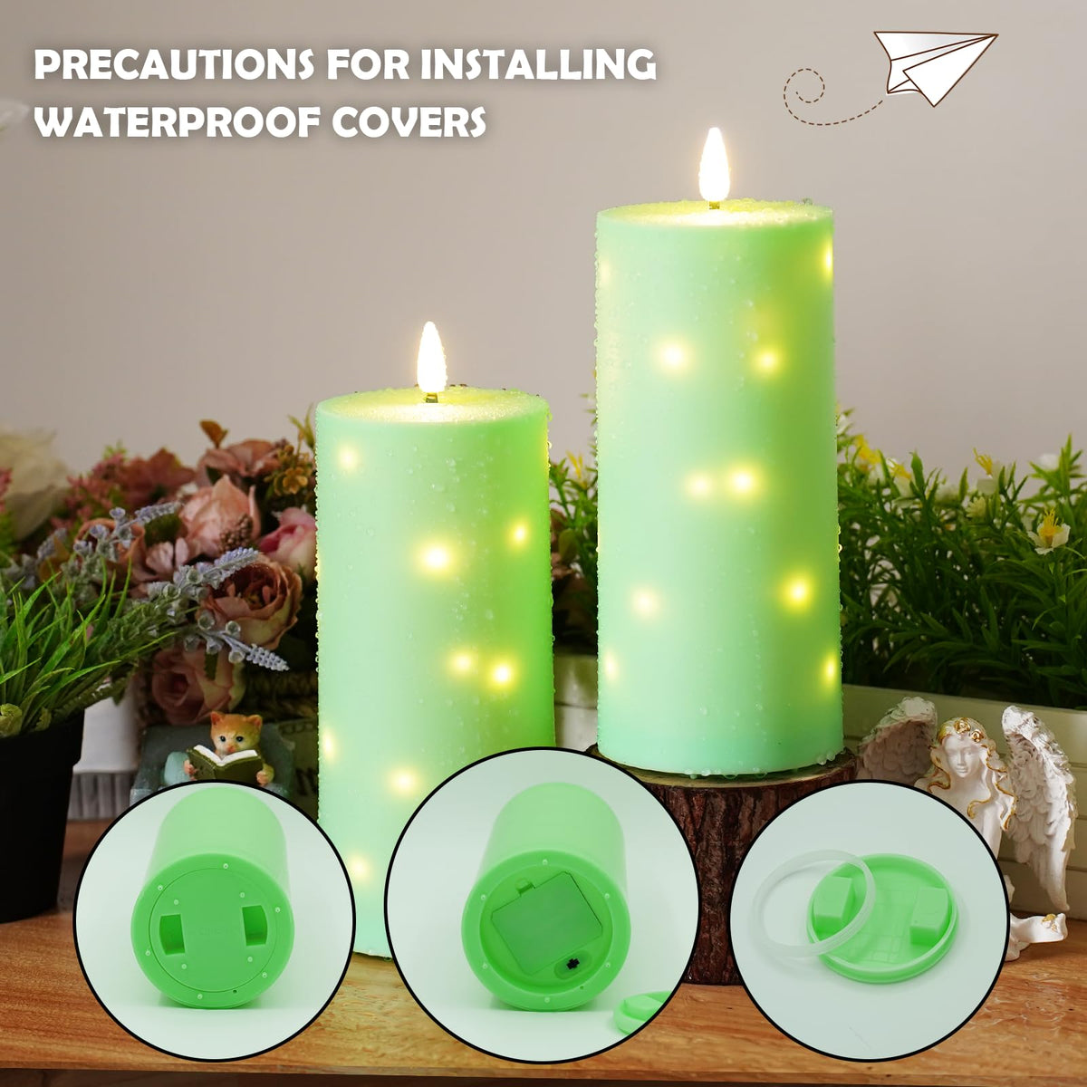 kakoya 10" x 4" Large Outdoor Waterproof Flickering Flameless Candles with Timer,2Pcs Battery Operated LED Pillar Candles with Embedded Star String for Outdoor Lanterns,Porch,Patio Decor(Green)