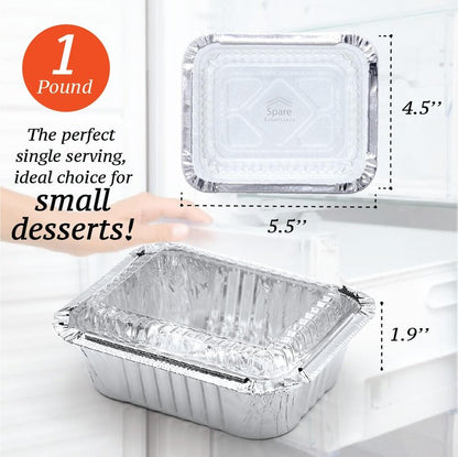 (55 Pack) 1 Lb Aluminum Pans with Lids, Disposable Baking Foil Containers, Takeout Food Storage, Freezer - Mini Foil Pans with Clear Lids for Restaurants & Catering - Size 5.5x4.5x1.9 Spare Essentials