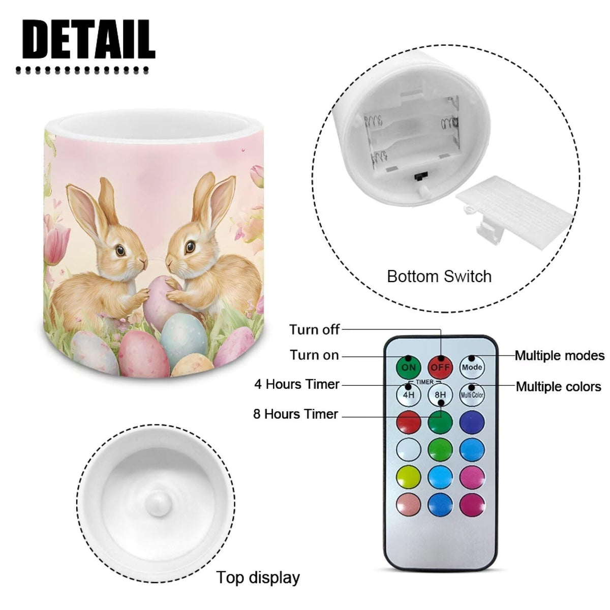Merkmak Pack of 4 Easter Day Flameless Candles with Remote Battery Operated Candles with Timer Flickering LED Elictric Pillar Tealights for Party Decorations, Easter Egg Bunny Tulip