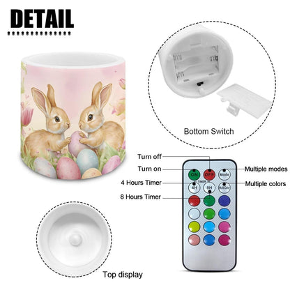 Merkmak Pack of 4 Easter Day Flameless Candles with Remote Battery Operated Candles with Timer Flickering LED Elictric Pillar Tealights for Party Decorations, Easter Egg Bunny Tulip