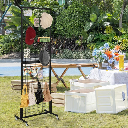 OUDUCK 2 Packs 1.8' x 5.7' Grid Wall Panels Standing Wire Grid, Display Rack with T-Base Wheels Freestanding Gridwall Panel Tower for Shows, Black