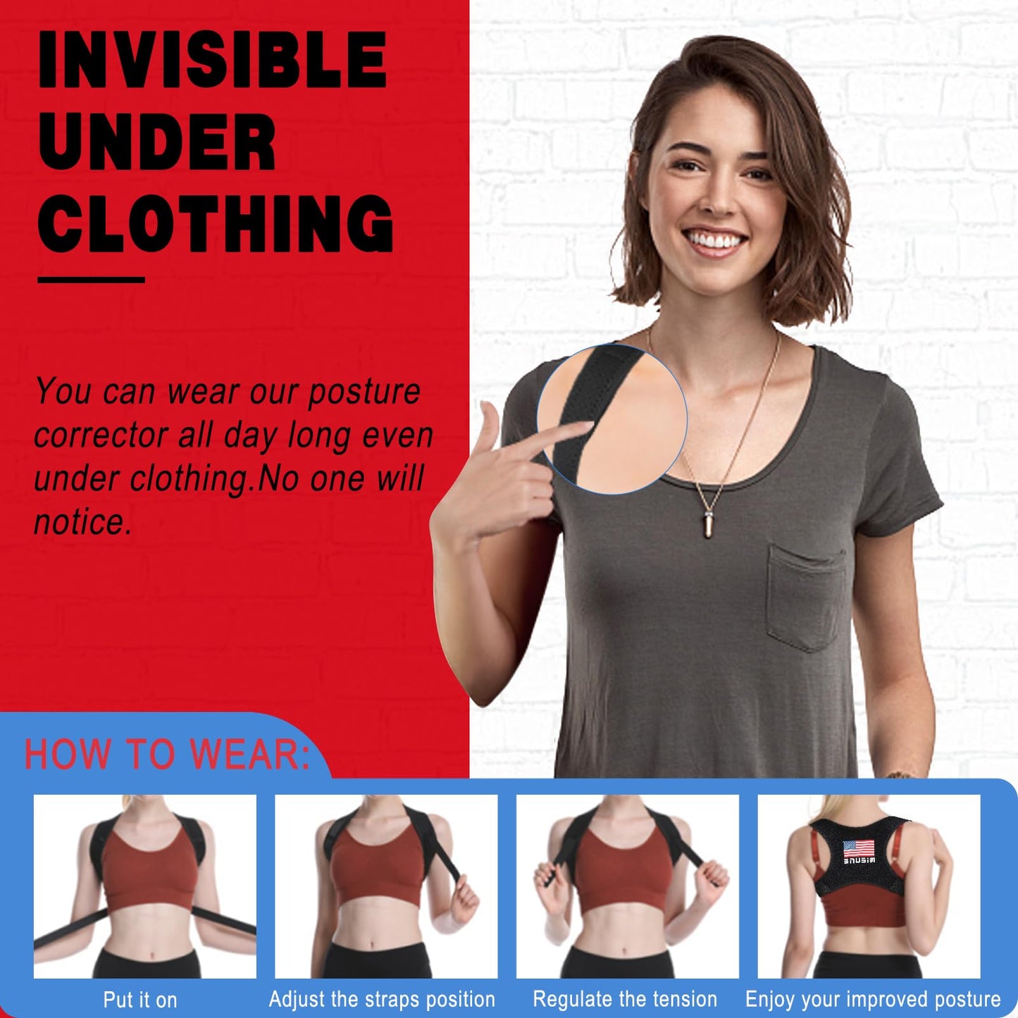 SNUSIM Posture Corrector Upper Back Brace Neck Shoulder Back Support Brace Pain Relief Belt for Women Men Braces Spine Straightener Breathable (Chest sizes from 28" to 50")