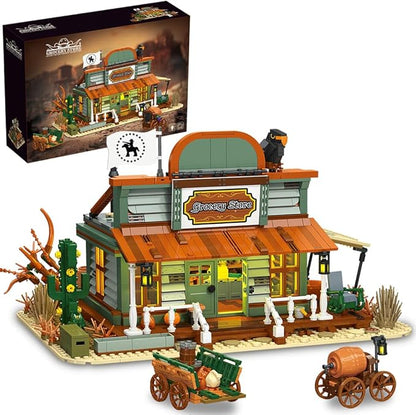 39076 Western Grocery Store Building Block Set Equipped with LED Lights 1827 Pieces Shop Building Model Building Block Kit Adult Creative Enthusiast Model Gifts and Unique Collectibles