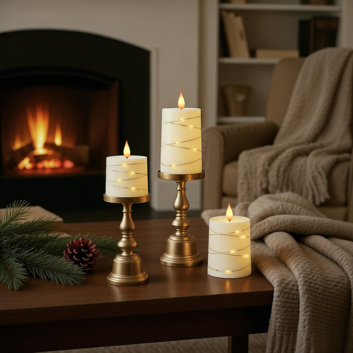 Raycare Flameless Candles with Remote Timer, Flickering Battery Operated LED Pillar Fake Candle with String Lights for Home Decor, Christmas, Wedding and Gift, Ivory, Set of 3