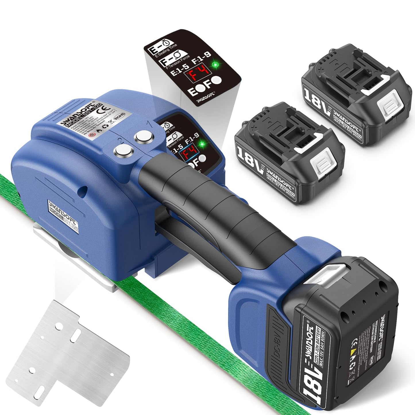 SWANSOFT Electric Strapping Tool, Fully Automatic 18V 2x5Ah Battery Powered Strapping Machine for 0.55" - 0.63" PP/PET Straps Electric Banding Tool