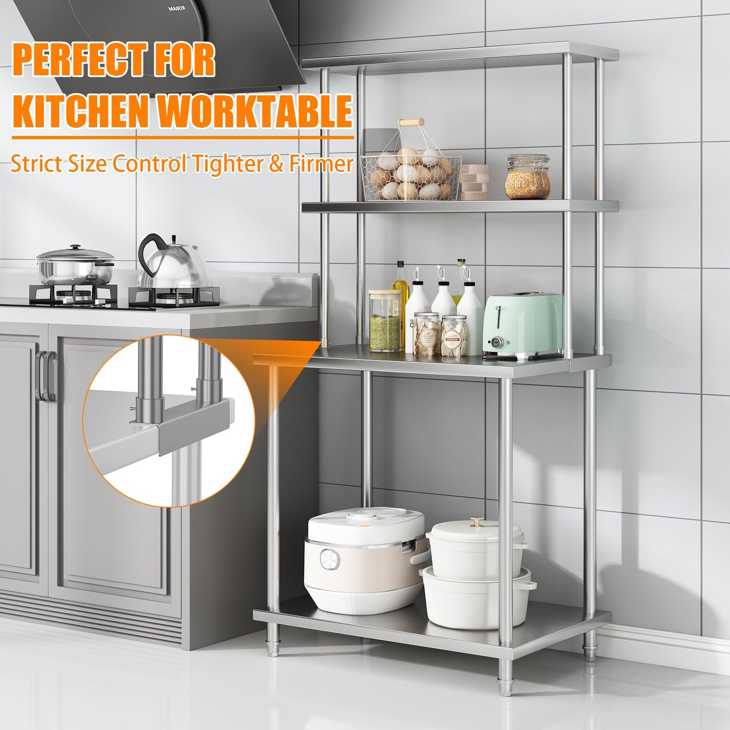 Garvee 12 in x36 in Stainless Steel Overshelf for Prep & Work Table, 360 LB Capacity Commercial 2 Tier Worktable Shelf, Adjustable Double Overshelf for Restaurant, Kitchen, Garage, Workshop