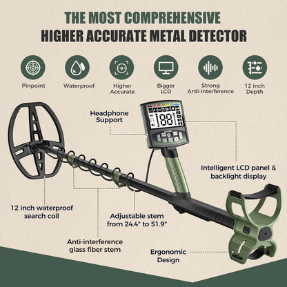 Gbnryg Professional Metal Detector for Adults,12" IP68 Waterproof Search Coil with LCD Backlight,5 Modes Gold Detector,Advanced DSP Chip&High Accuracy System for Beach/Gold Hunting