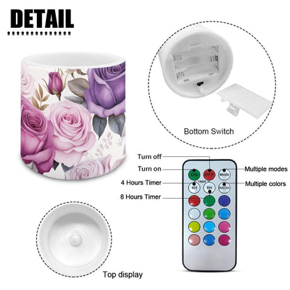 NETILGEN 4 Pieces Flameless LED Pillar Candles with Battery Operated Color Changing Flameless Candles with Timer Remote Purple Rose Flower Wedding Party Decor