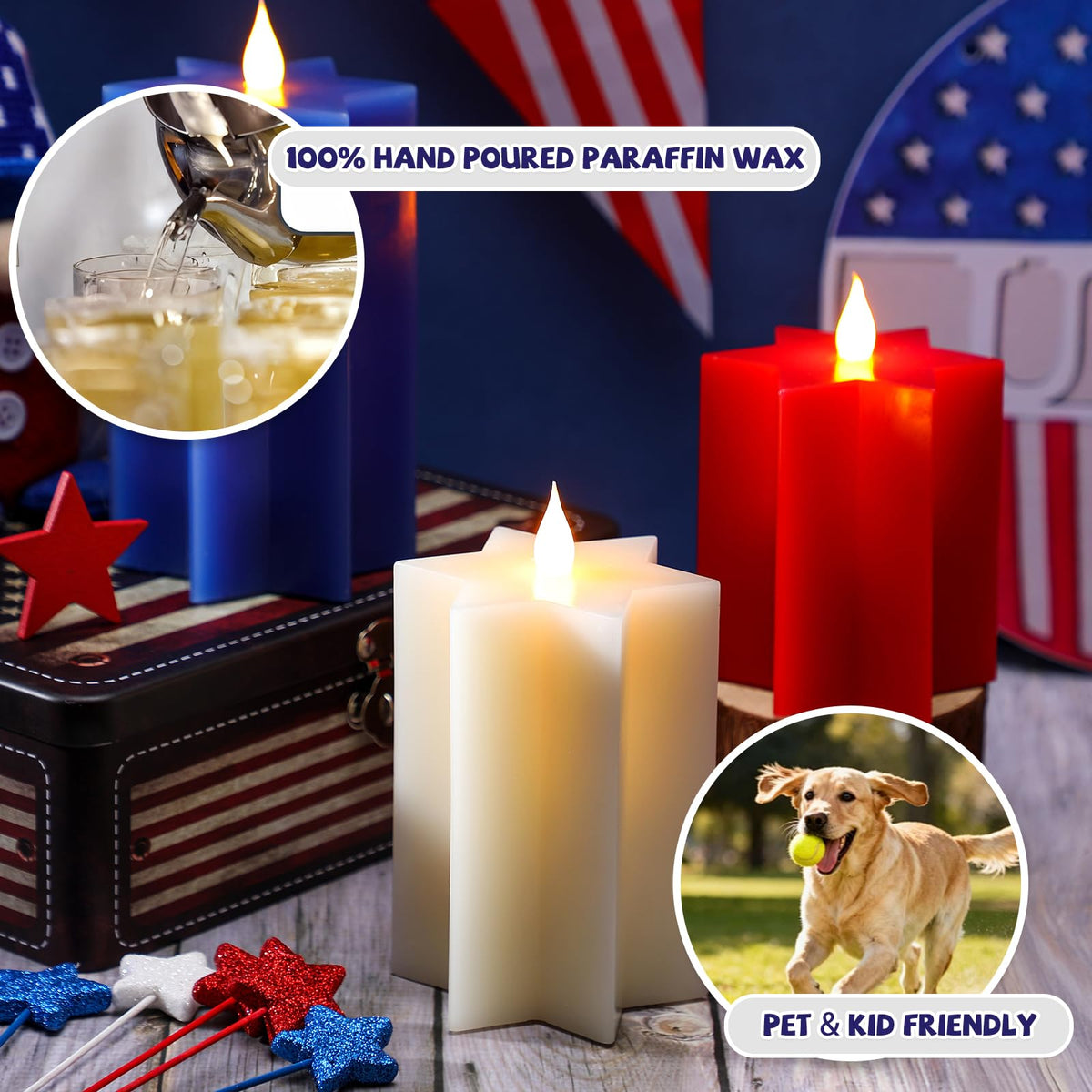 LCZLUMIPRO 3 Pack Star Shaped 4th of July Flameless Candles, Red White and Blue Patriotic Battery Operated LED Candles, Decorative Pillar Candles for Independence Day Home Party Decor