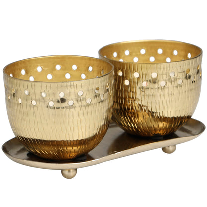 Deco 79 Metal Decorative Candle Jasmine Scented Cutout Spotted 7 oz 1 Wick Aromatherapy Candle with White Wax, Set of 2 Wax Aromatherapy Candle 8" W, 4" H, Gold