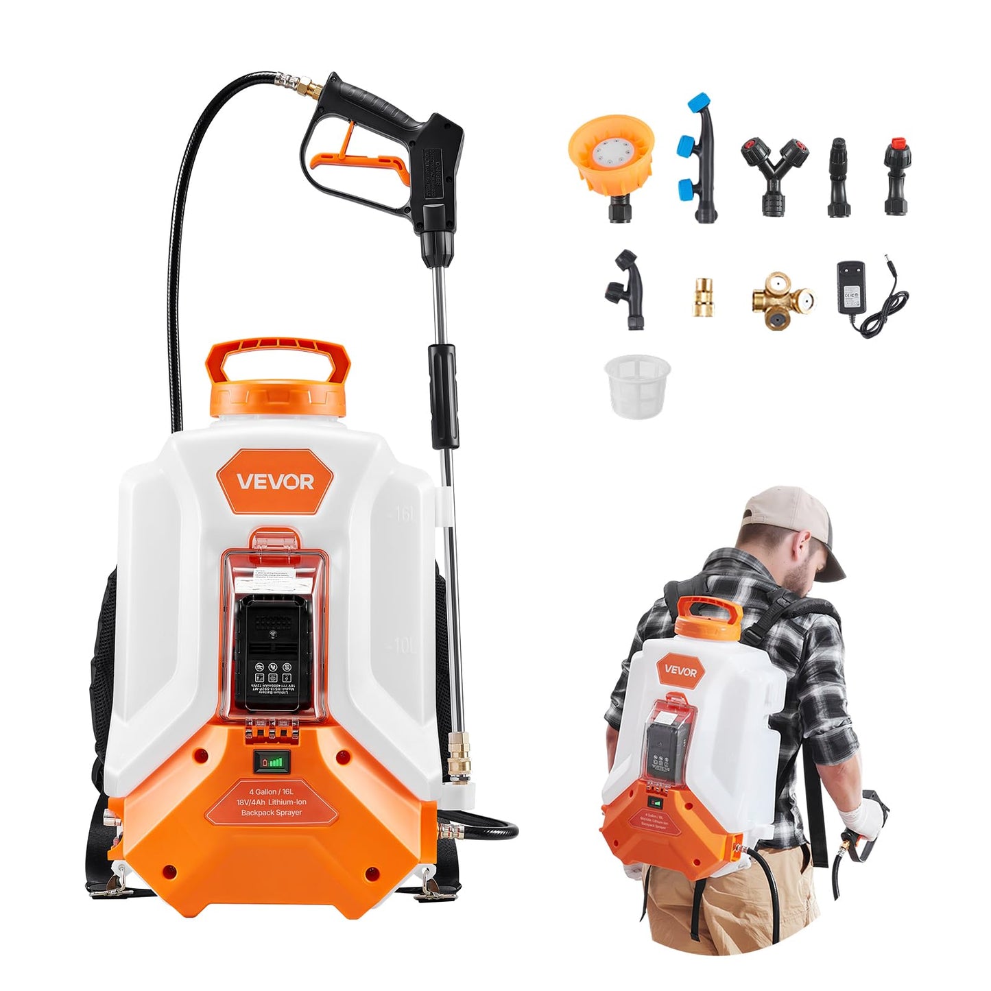 VEVOR Battery Powered Backpack Sprayer, Electric Back Pack Sprayer 4 Gallon, 2 Wands & 8 Nozzles, Adjustable 0-90 PSI, 4H Runtime, Portable Lawn & Garden Sprayers for Weeding, Spraying, Cleaning