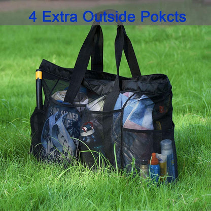 GOTDYA Extra Large Beach Bag, XL Mesh Tote with Zipper and Pockets Ideal for Your Family Lake/Cruise/Beach Vacation Essentials-Black