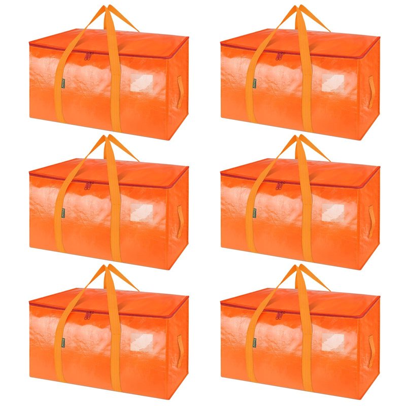 BALEINE 6-Pack Oversized Moving Bags with Reinforced Handles, Heavy-Duty Storage Tote for Clothes, Moving Supplies (Orange, 6-Pack)