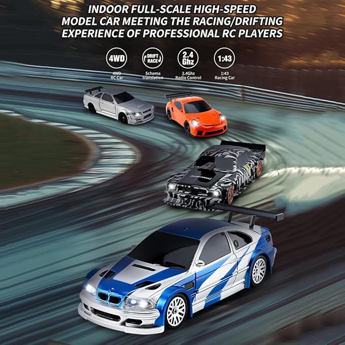 HERR RC Electric Mini Racing Drift Car Model 1:43 Scale 2.4G Full Scale Linkage Light Set Max Speed 15km/h Indoor Mini RC Toys Hobbyist Gift Black White (RTR Version/Silver)