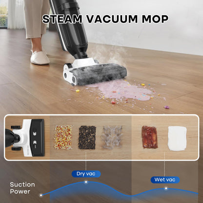 SUNSMAI 4-in-1 Steam Vacuum Mop - High-Performance Wet Dry Floor Cleaner for Hardwood Floors Carpets, 212°F Steam for Tough Stains, Self-Cleaning LED Display
