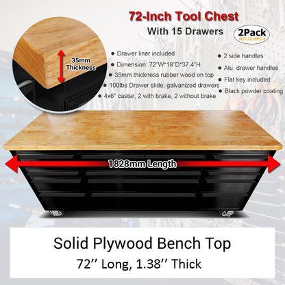 2 Pack - 72" Stainless Steel Rolling Tool Chest with 15 Drawers, Lockable Storage Cabinet, Black Mobile Workbench, Assembled Black Large Tool Box with Wheels for Garage Workshop (2 × HTC7215PC-1)