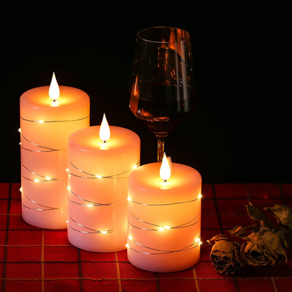 Da by 3 Pack Pink Real Wax Flameless Taper Candles, Lifelike Flickering LED Flame Candles with Surrounding Fairy String Lights, Soft Warm Battery Candles with Remote for Home Wedding Party Decor