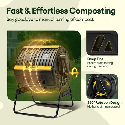 Maygrove Outdoor Compost Bin 53 Gallon, Dual Chamber Large Compost Tumbler for Garden Backyard, with 360° Rotating, Sliding Doors & Solid Steel Frame