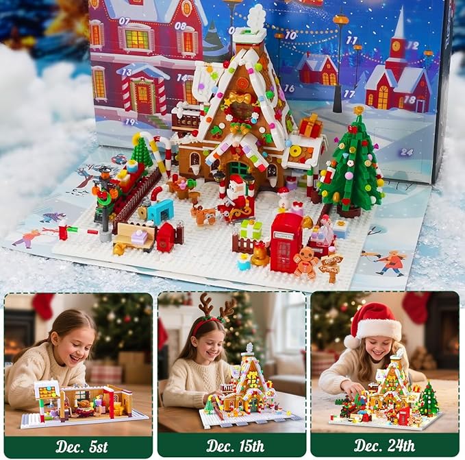 Advent Calendar 2025 Gingerbread House Mini Building Set with Lights 24 Days Christmas Countdown Building Block Kit with Xmas Tree Train Holiday Gift Toy for Adults Teens Girls Boys Ages 10+