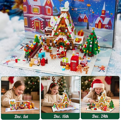 Advent Calendar 2025 Gingerbread House Mini Building Set with Lights 24 Days Christmas Countdown Building Block Kit with Xmas Tree Train Holiday Gift Toy for Adults Teens Girls Boys Ages 10+