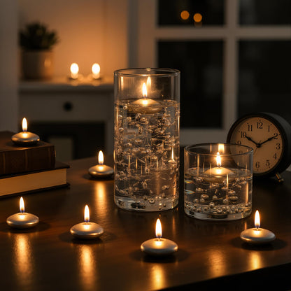 Fumete 40 Pcs Silver Wedding Floating Candles with Pearl Strings, Small Unscented Floating Candles for Centerpieces, Anniversary, Romantic Dinner, Engagement, Spa Bathroom, Home Decoration