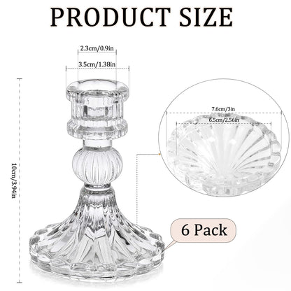 6 Pack Glass Taper Candlestick Holders, Clear Candlestick Holders, 4" H Stripe Crystal Candle Holders Decorative Candle Stand Centerpiece for Wedding, Festival, Dinning Party Table Decor