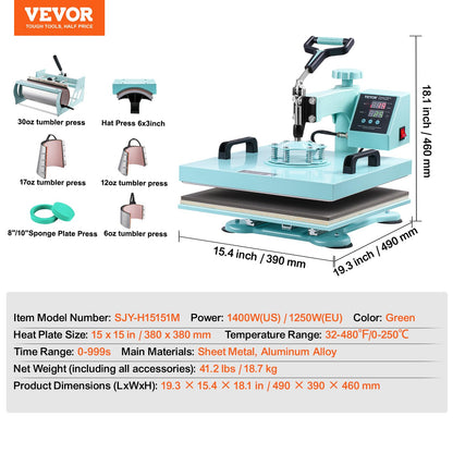VEVOR 15x15 Heat Press Machine 8 in 1 Combo with 30 OZ Tumbler Press & Hat Press, Slide Out Heat Press Sublimation Machine for T-Shirts, Hats Caps Tumblers Glass Cans Mugs, and Plates (Light Green)