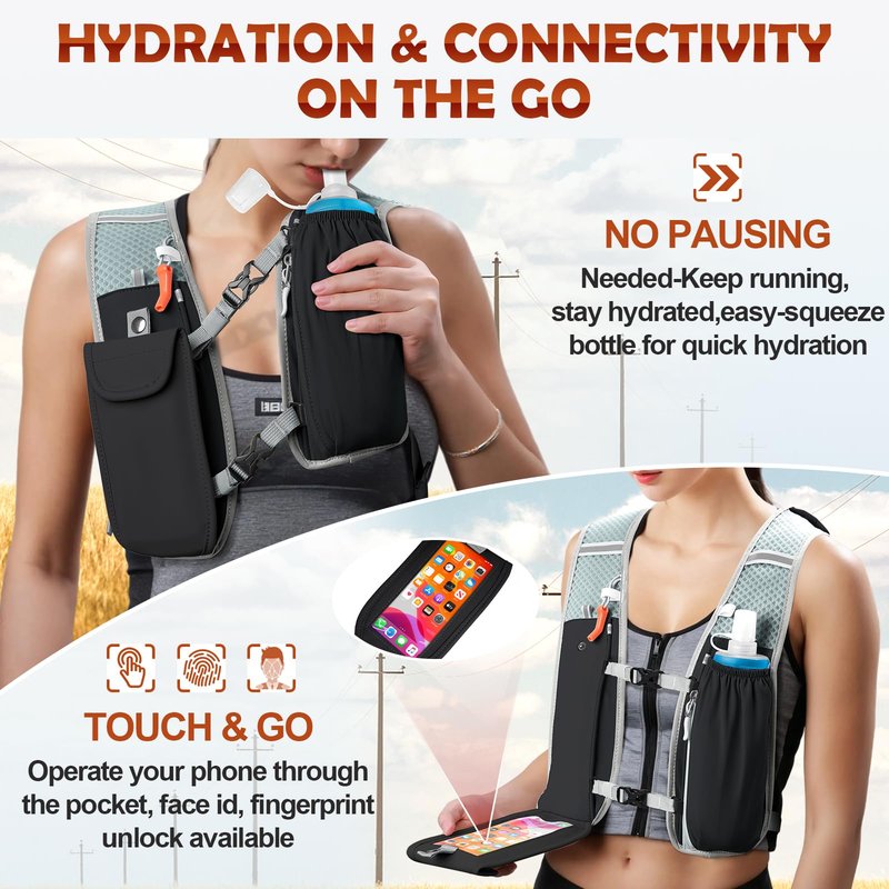 RAINSMORE Running Hydration Vest with 500ml Soft Flask, Waterproof Phone Pocket, Lightweight Hydration Pack, Adjustable No-Bounce Straps for Trail Running, Marathon, Cycling Black
