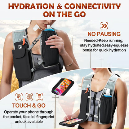 RAINSMORE Running Hydration Vest with 500ml Soft Flask, Waterproof Phone Pocket, Lightweight Hydration Pack, Adjustable No-Bounce Straps for Trail Running, Marathon, Cycling Black