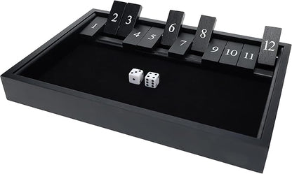WE Games Wooden Shut The Box - Close The Box Set Pub Game with 12 Number Tiles &amp 2 Dice Games - 13.5” Black Stained Finish for Adults