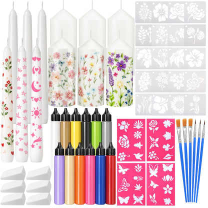 Treela 60 Pcs DIY Candle Painting Kit Include 6 White 6 White Tapered & 6 Pillar Candles 12 Candle Wax Pen 24 Floral Painting Stencils 6 Paint Brushes 6 Sponge Blocks for Craft Birthday Wedding Party