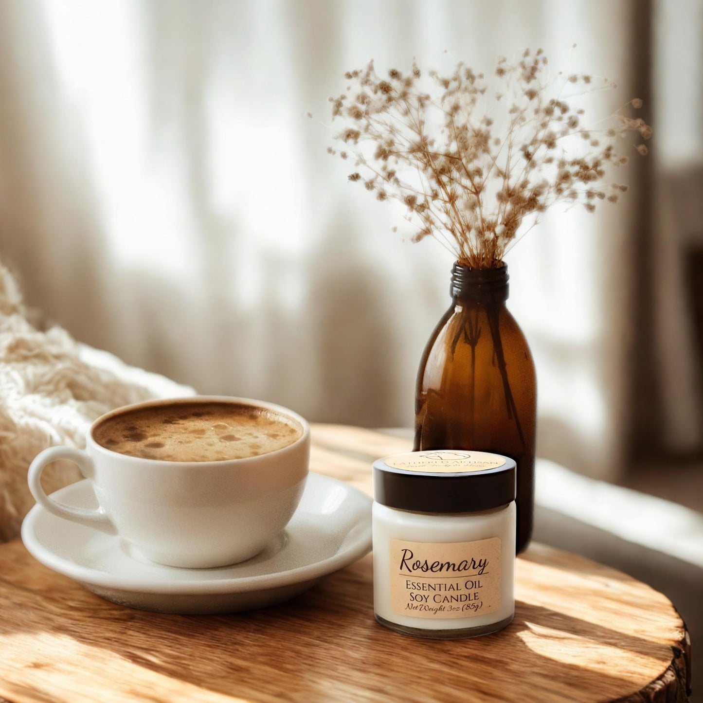 Rosemary Scented Essential Oil Candle 3 oz, Hand Crafted Pure Soy Wax Candle with Wooden Wick and Dried Flowers, 23 Hour Burn Time, Natural Aromatherapy Glass Jar Candle with Lid by Lathered Artisan