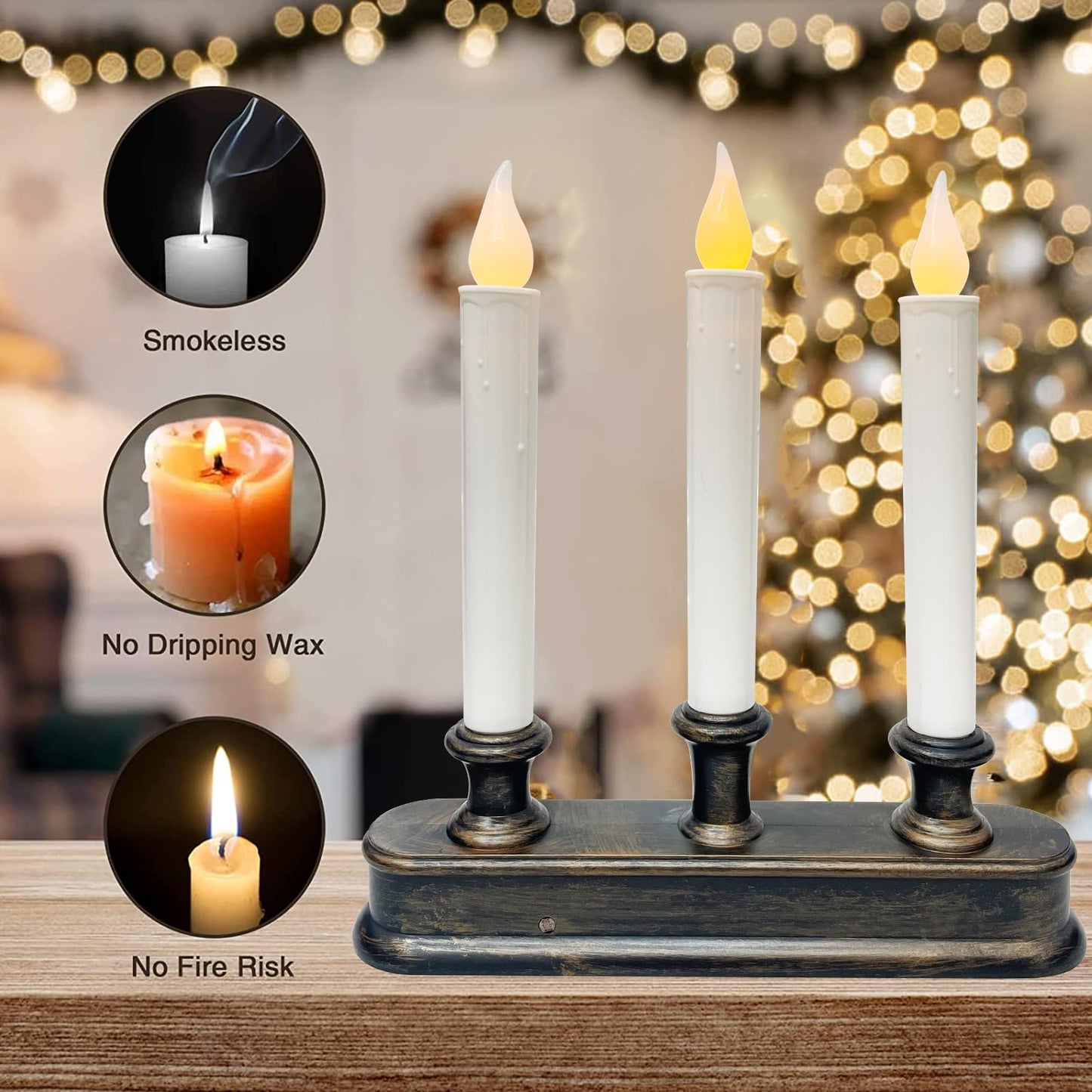 Christmas Window Candle - 3 Light Battery Operated LED Window Candelabra with Dusk to Dawn Light Sensor, Flicker Flameless Candle Lamps for Home Table Party Christmas Decoration, Bronze Base