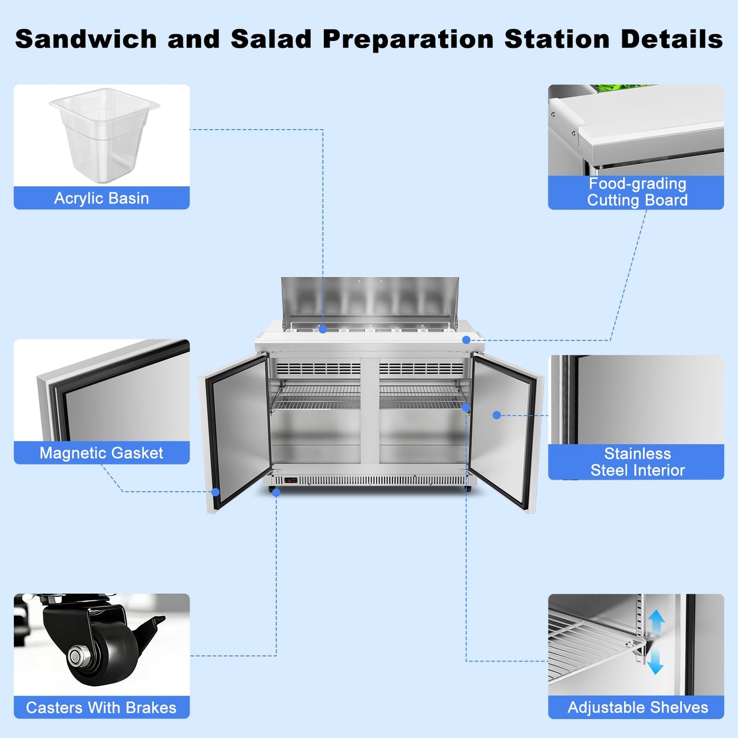 Tylza 48" Commercial Refrigerator, 12.7 Cu.Ft Sandwich Salad Prep Table, Mega Top Worktop Fridge w/ 12 Pans & Cutting Board, 2-Door Stainless Steel Salad Prep Cooler for Restaurant & Food Truck