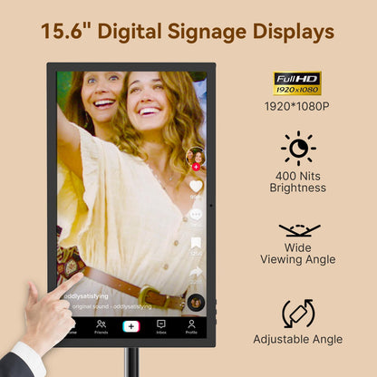 QIXZOCV 15.6" Digital Signage, Capacitive Touchscreen Advertising Display, Adjustable Stand, Android OS Interactive Kiosk, Wireless Screen Mirroring, 4+64GB, Multiple interfaces Available