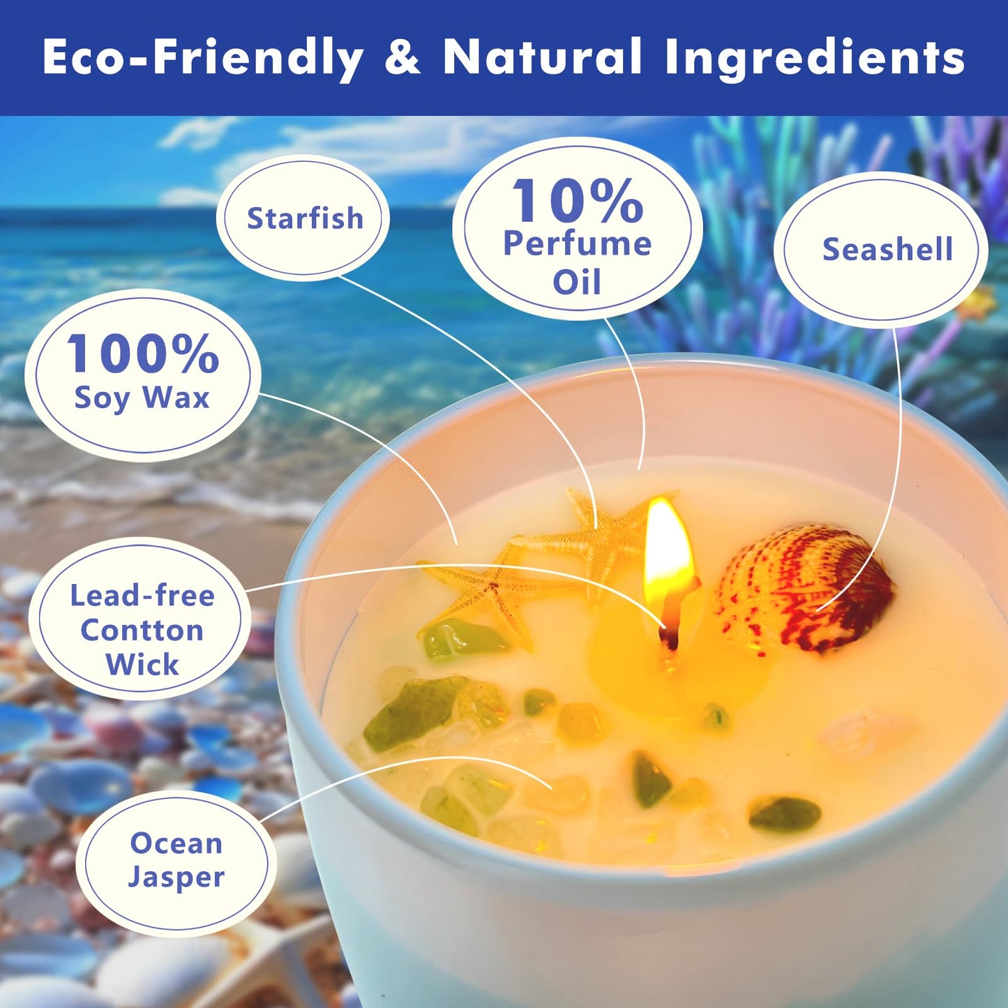 AROZEN Ocean Scented Candles Gift for Women-10oz Aromatherapy Sea Beach Soy Candles for Home Scented with Healing Crystal inside-55H Burn Gifts for Valentine's Day, Birthday, Women, Mother's Day
