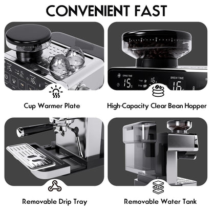 PULZO Espresso Machine with Grinder, 20 Bar Professional Coffee Machine with Milk Frother Steam Wand, All-in-One Stainless Steel Coffee Maker to Make Latte, Cappuccino, 67oz Detachable Water Tank
