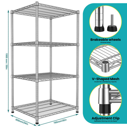 24"Depth Metal Wire Shelving Unit Metal Shelf Adjustable Storage Rack Kitchen Storage shelves 4 Tier Commercial Heavy-Duty 2200 LBS Sturdy Standing Steel for Home Garage Pantry 24"Dx 30"Wx59"H