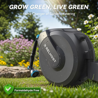 Relhost Retractable Garden Hose Reel, 5/8 in x 100 ft Wall Mount Heavy Duty Hose Reel with Any-Length Lock, Auto Rewind System, 180° Swivel Bracket, and 10-Pattern Nozzle for Garden, Dark Grey